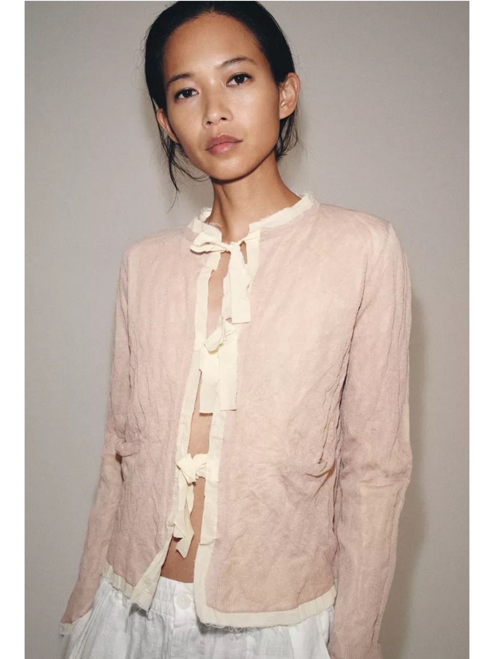 Zara Pink/white COMBINED KNIT BOW JACKET